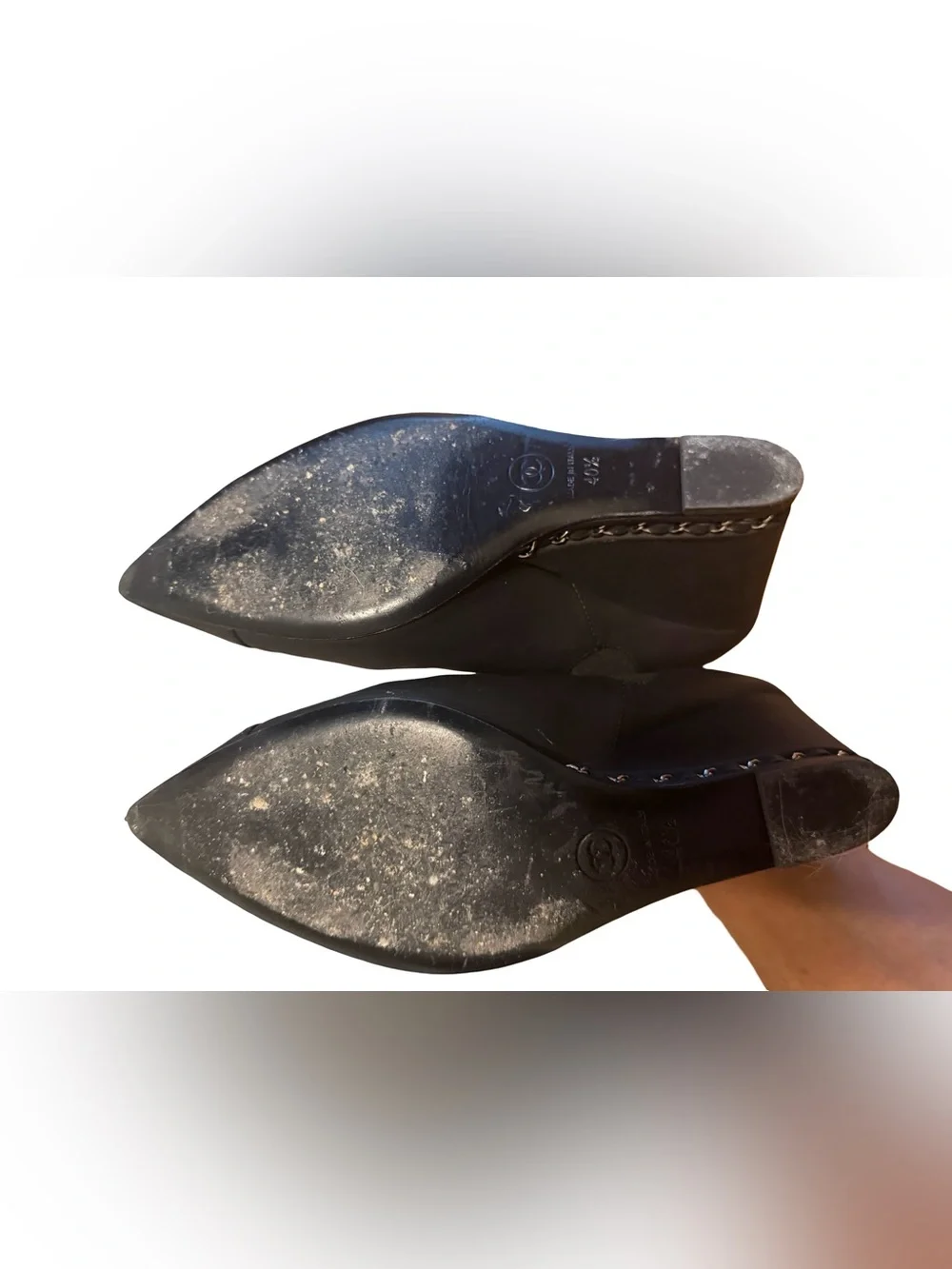 CHANEL Black Leather Pointed Toe Wedge Ankle Booties